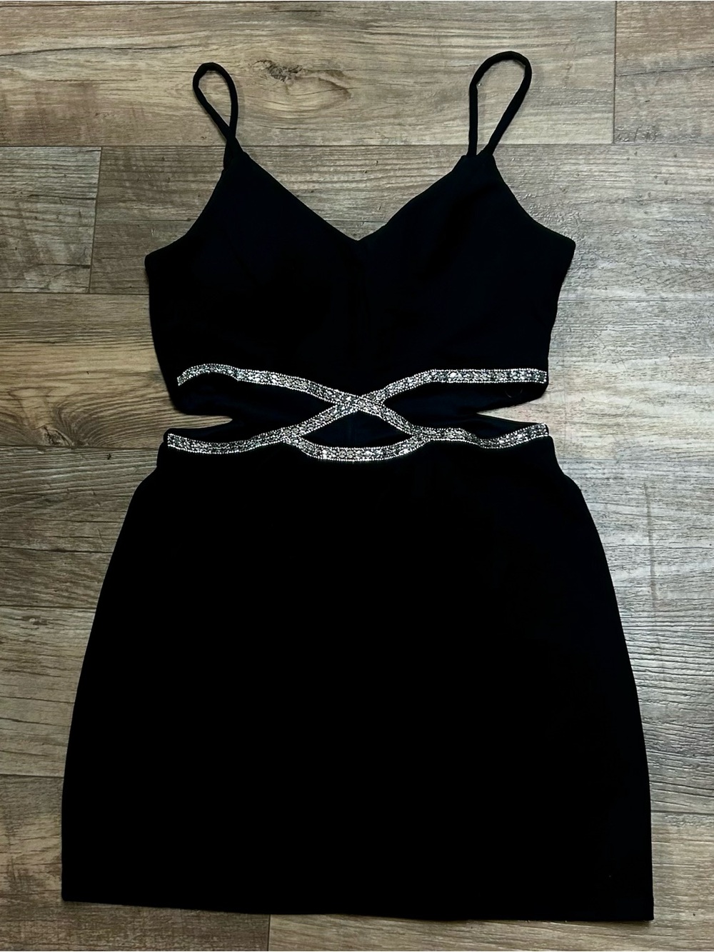 Speechless Black Mini Dress with Rhinestone Cutout Waist